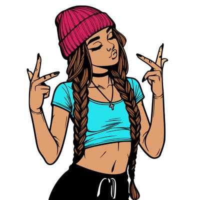 realistic teenage girl with braids and a beanie and crop top doing 🫶🏼