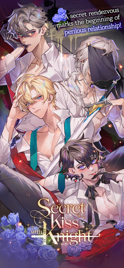 Secret kiss with knight: Otome - Four handsome anime male characters in white shirts from the Secret Kiss with Knight otome game