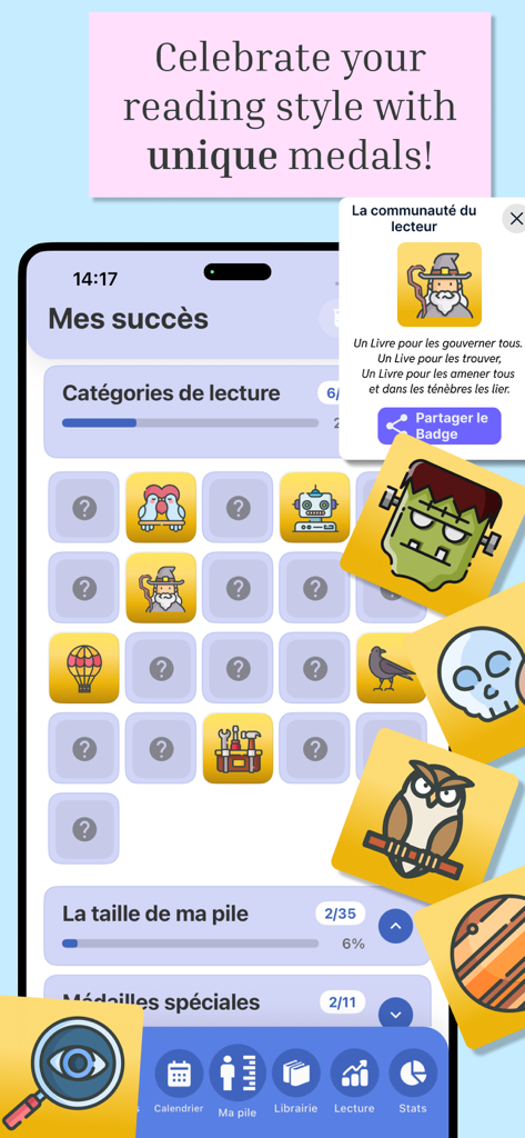 A display of gamified reading achievement medals and badges in the Book Nova app