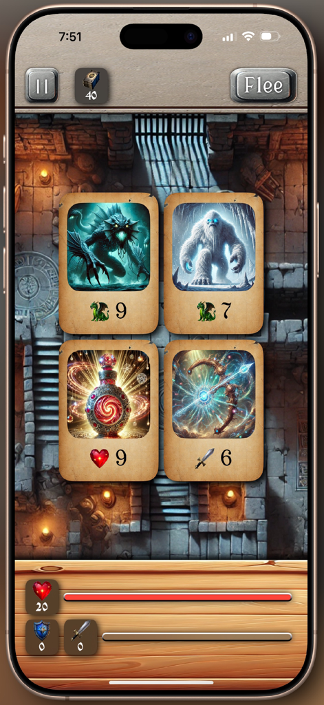 Scoundrel Solitaire - Gameplay-Screenshot von Scoundrel Solitaire mit Monster- und Gegenstandskarten in einer Steindungeon-Umgebung