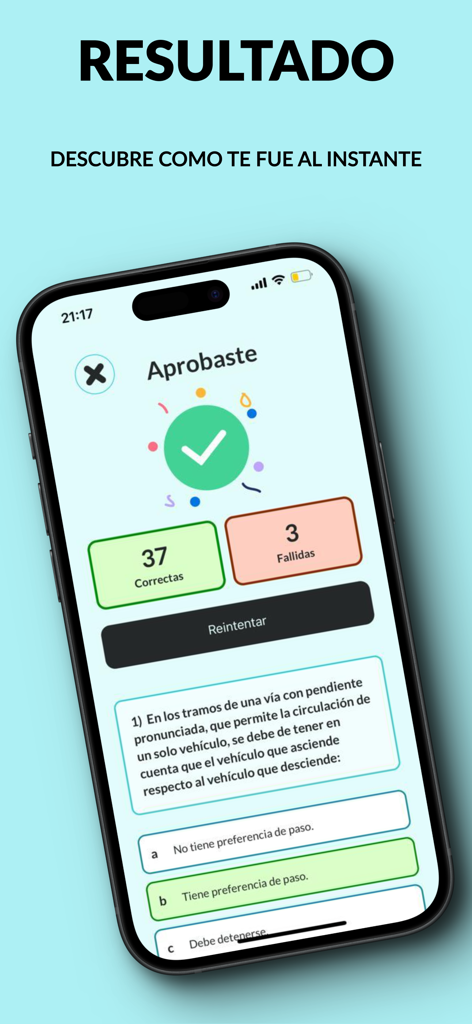 Simulacro MTC Perú 2025 - Schermata dei risultati dell'app Simulacro MTC Perù che mostra un punteggio di successo di 37 risposte corrette in un test di guida simulato