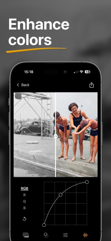 Colorize Old Photos: Pholorize - Pholorize app interface showing the color curves adjustment tool to enhance the colors of a restored vintage photo
