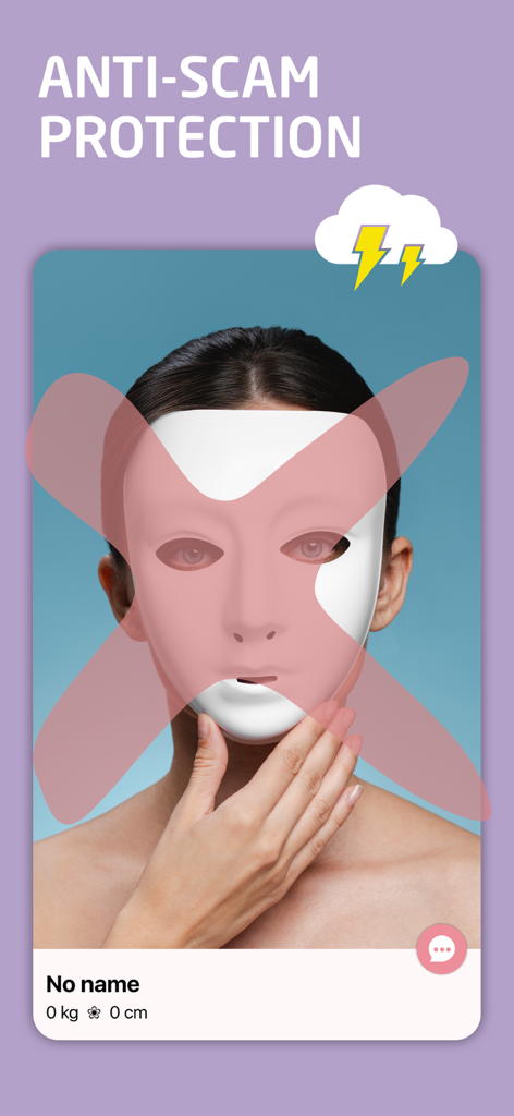 PINK - Women Chat & Community - Función de protección contra estafas que muestra una cara enmascarada tachada representando un perfil falso