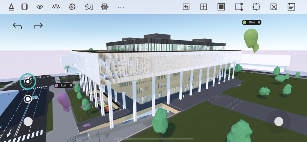 Arkio - A 3D architectural model of a modern building being designed collaboratively in the Arkio app showing user avatars and design tools