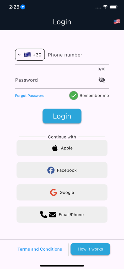 Login screen of the TAXI 18300 app featuring social login options and phone number entry for Greek taxi services