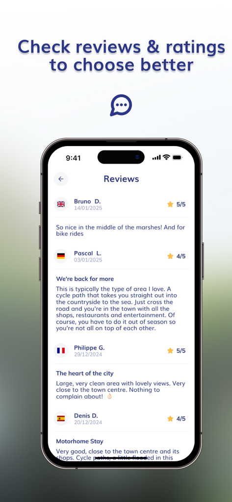 A mobile screen showing user reviews and star ratings for various camping areas in the Camping Car Park app
