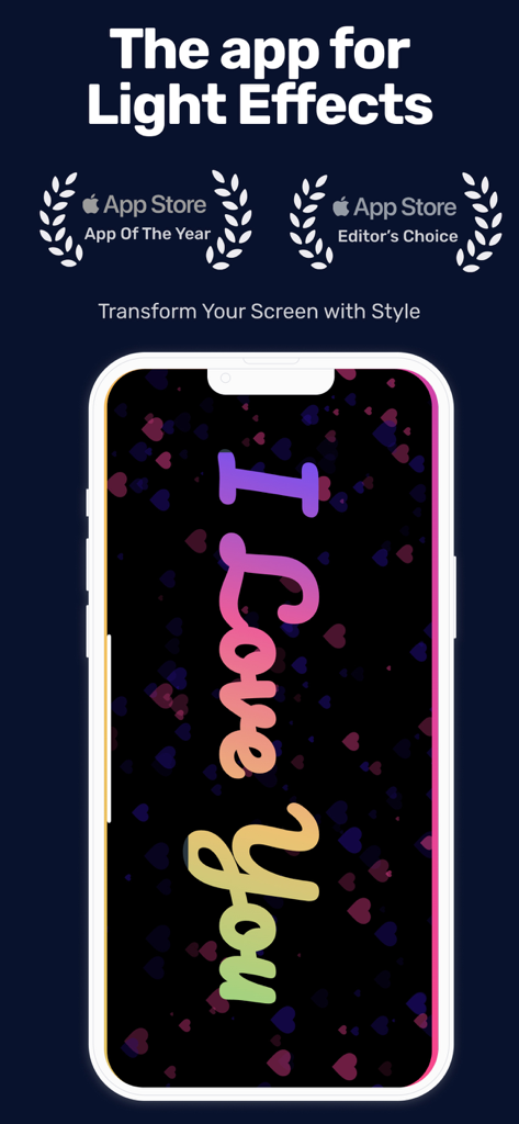 Pantalla de iPhone mostrando efectos de iluminación de borde coloridos con insignias de premios de la App Store