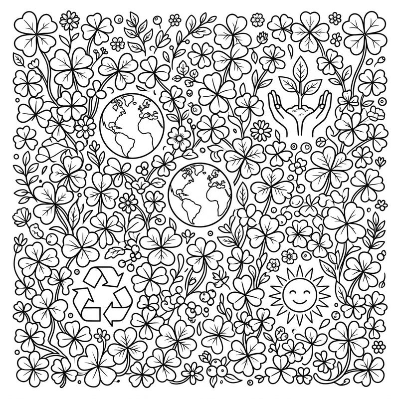 Immerse yourself in nature's beauty with this intricate Earth Day clover patches coloring page. Featuring lush shamrocks and eco-friendly symbols, it's a perfect way to celebrate our planet creatively.