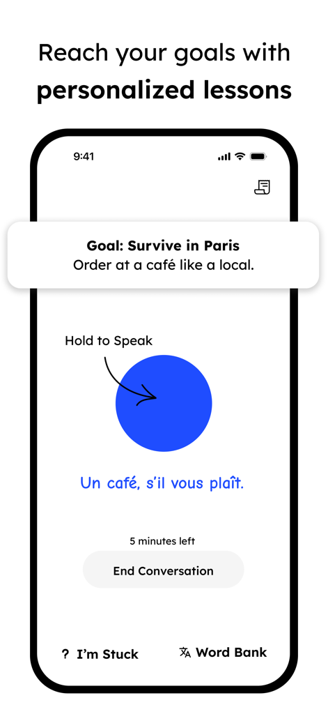 Pingo AI app interface for practicing French conversation in a cafe scenario