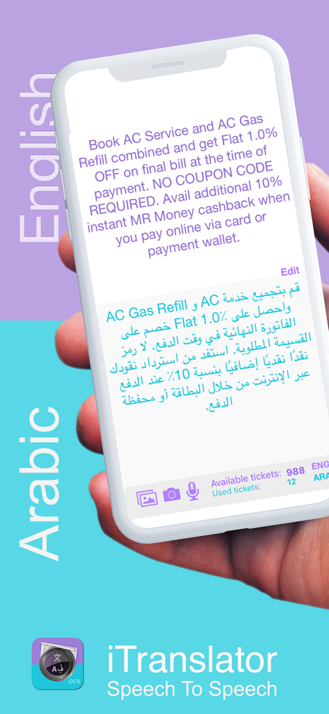 iTranslator - Photo To Text - Smartphone screen showing iTranslator app translating English promotional text into Arabic