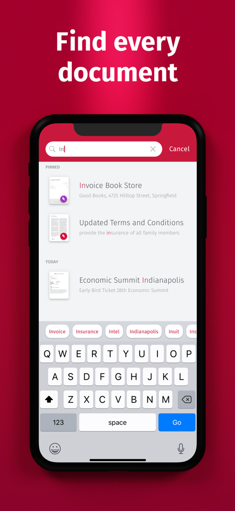 Interface de recherche de l'application mobile SwiftScan Pro pour trouver des documents numérisés tels que des factures et des conditions générales.