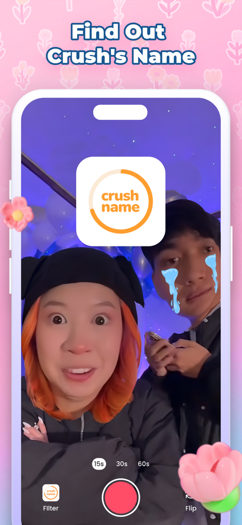 Two teenagers using the Love Tester app Crush Name filter with funny facial effects