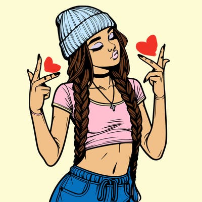 realistic teenage girl with braids and a beanie and crop top doing 🫶🏼