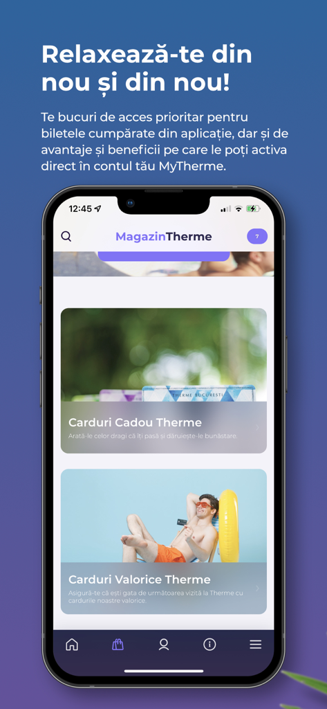 MyTherme app screen showing gift card and value card options for wellness and relaxation services.
