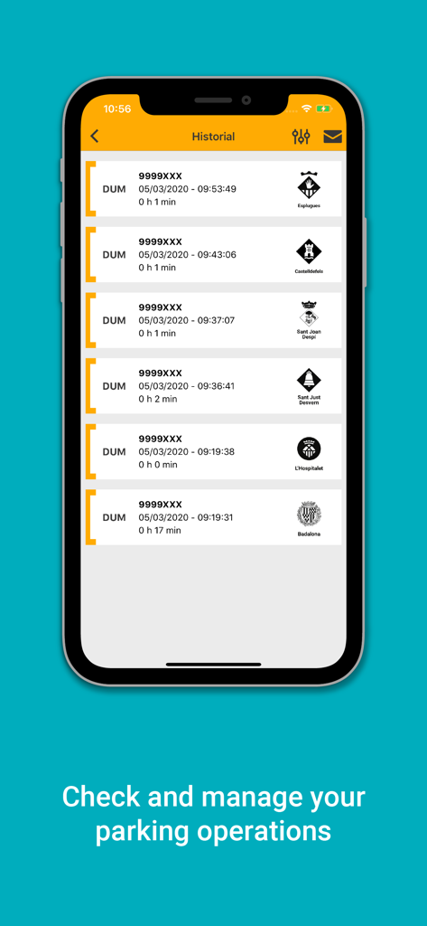 SPRO - SPRO mobile app interface displaying a list of recent professional parking operations and durations in various Barcelona municipalities.