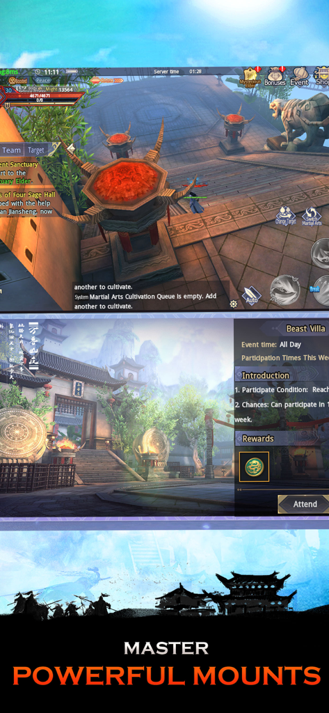 Sword of Shadows - Sword of Shadows mobile game interface showing in-game scenes and powerful mounts promotion