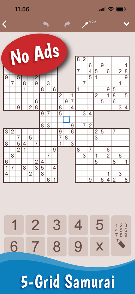 MultiSudoku: Samurai Sudoku - Une interface de puzzle Sudoku Samurai à 5 grilles sur un appareil mobile mettant en avant une expérience sans publicité