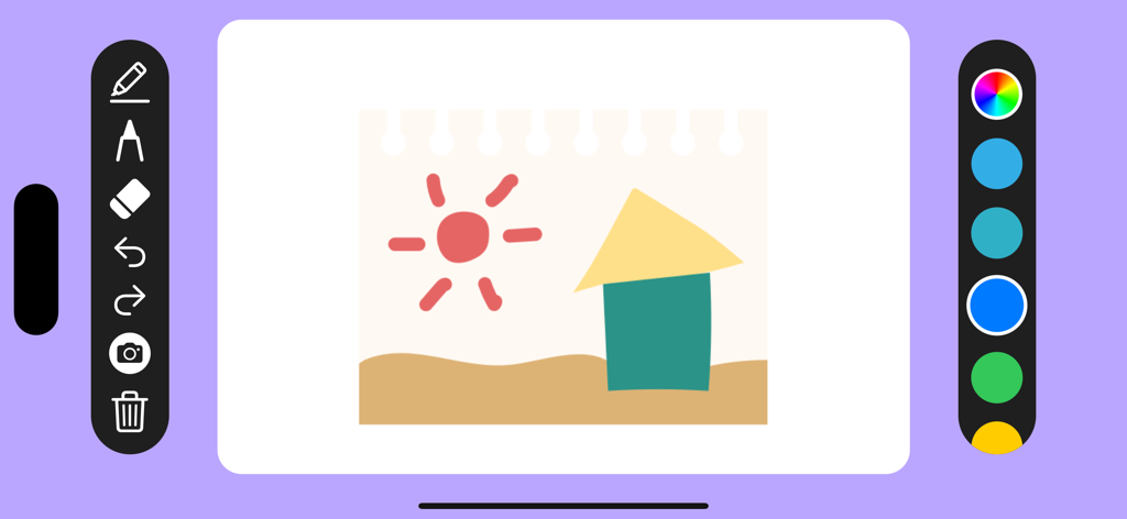 Doodle Joy - Draw, Sketch, Pad - Interface de l'application Doodle Joy montrant un croquis simple d'une maison et du soleil avec des outils de dessin et une palette de couleurs.