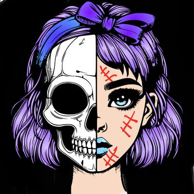 realistic girl with half skull mask