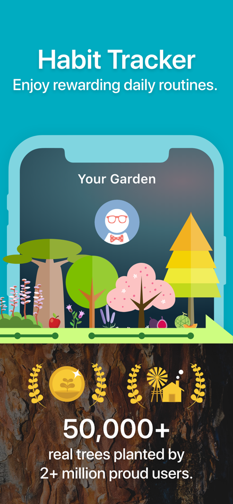 Flora app habit tracker interface showing a colorful virtual garden and real-world tree planting statistics
