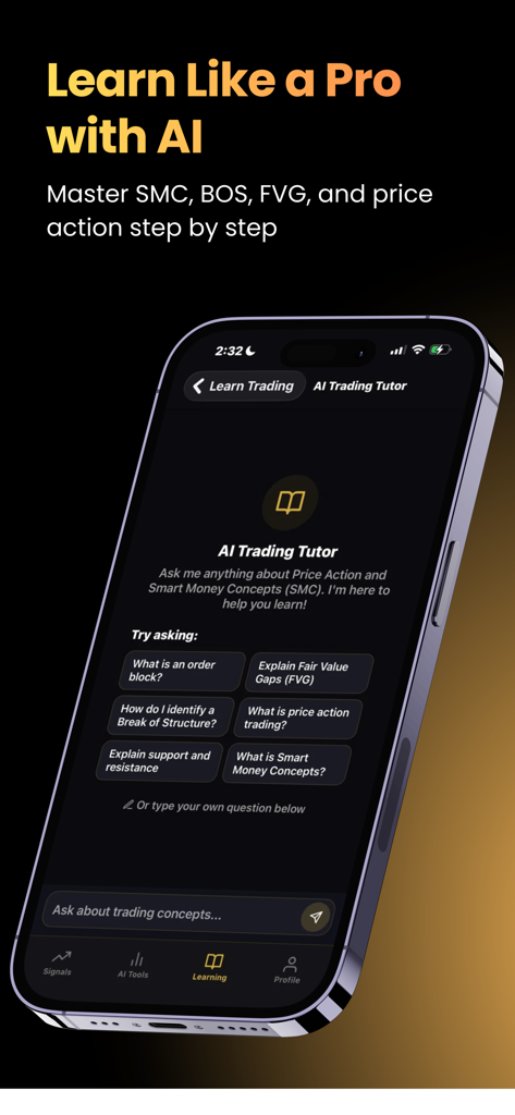 SignalPro - Forex Signals - SignalPro app interface showing the AI Trading Tutor feature for learning forex trading concepts
