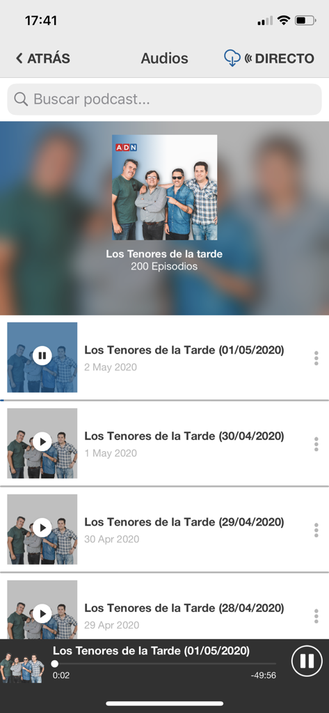 ADN Radio para iPhone - Lista de episodios de podcasts del programa deportivo Los Tenores de la tarde en la aplicación ADN Radio.