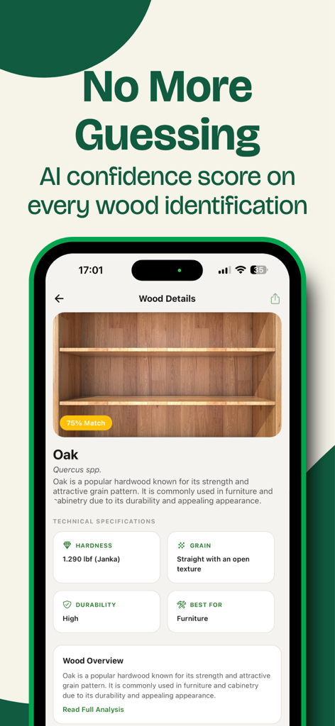 Wood Identifier: AI Lumber - AI木材識別アプリの画面にオーク材の技術仕様と一致率が表示されている