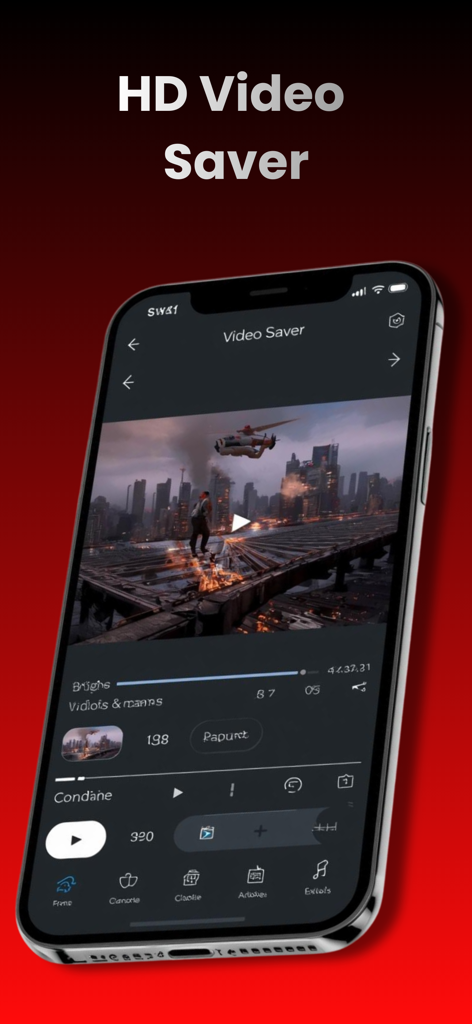iPhone exibindo a interface do player de vídeo do aplicativo RAVE com o texto HD Video Saver.