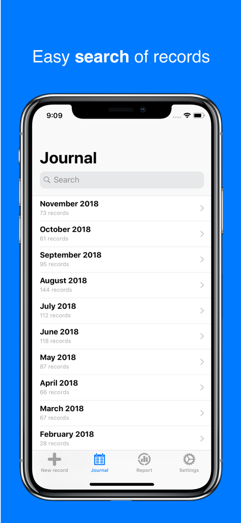Journal view of the Filki app showing a search bar and a list of monthly financial records.