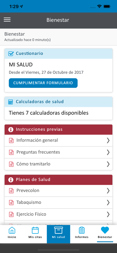 H.U. General de Villalba - Wellness section of the H.U. General de Villalba app featuring health questionnaires calculators and health plans