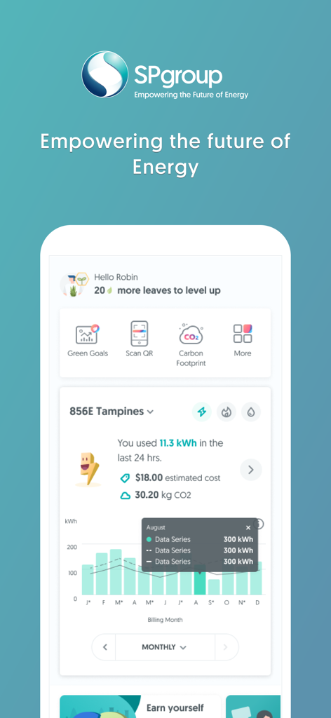 SP Group app dashboard showing electricity consumption stats and carbon footprint data