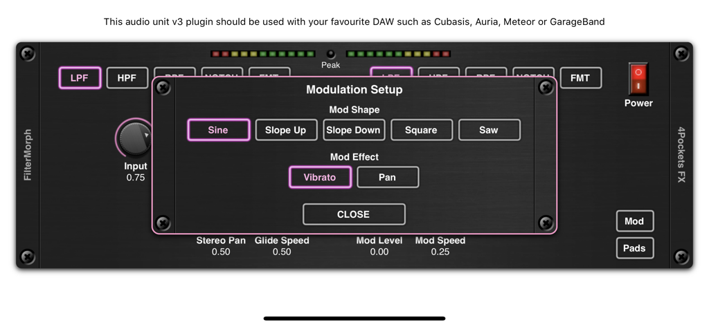 The modulation setup window in the FilterMorph AUv3 plugin showing waveform shapes and effect options for vibrato and pan.