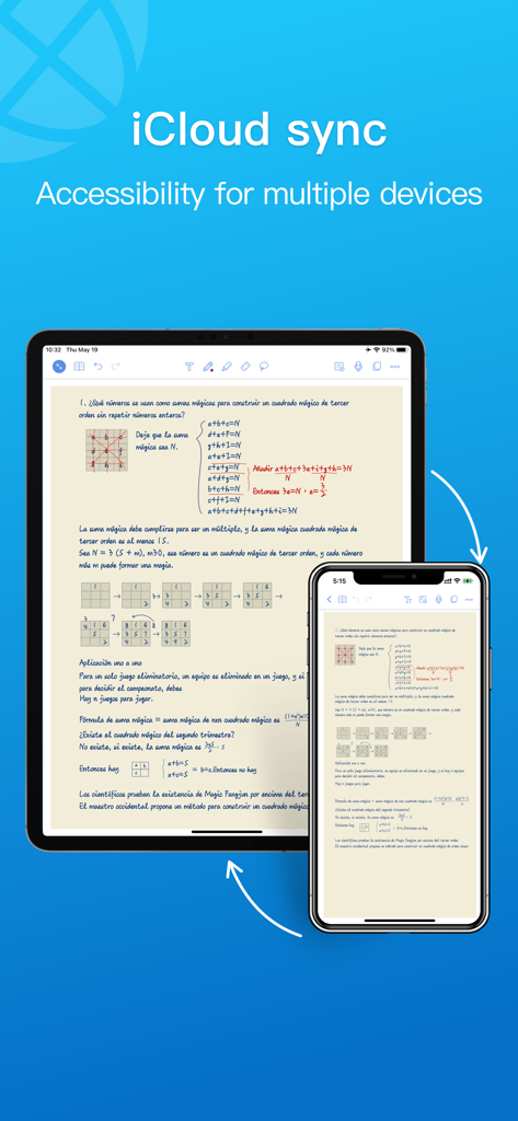 Notehot - notes&voice text - Aplicación Notehot que demuestra la sincronización de iCloud en dispositivos iPad y iPhone