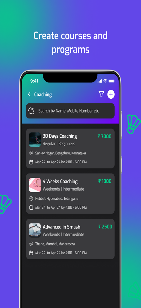Athletiq - Own your Game - Interface of the Athletiq app showing various sports coaching programs and courses with pricing and schedule details