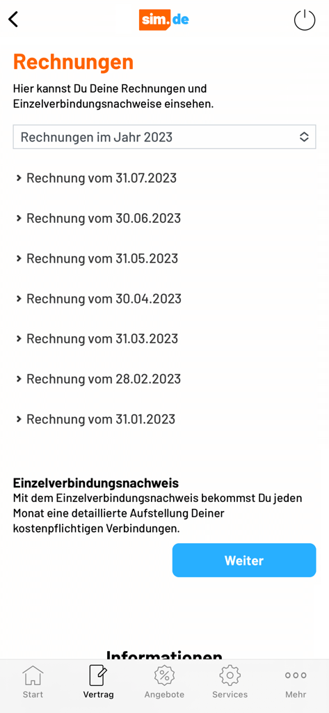 Una pantalla de la aplicación sim.de que muestra una lista de facturas mensuales y el historial de facturación para 2023.