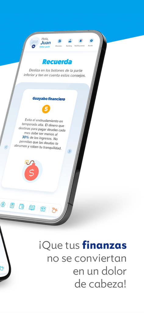 Aplicación Miga - Interface of the Miga app showing a debt management tip in Spanish on a smartphone screen