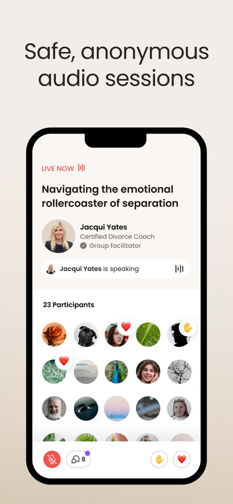 Screenshot der Circles App, der eine anonyme Live-Audio-Sitzung mit dem Titel 'Die emotionale Achterbahnfahrt der Trennung navigieren' mit einem Gruppeneiter und Teilnehmern zeigt