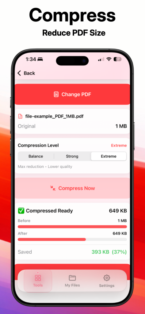 Pantalla de la aplicación PDF Converter que muestra la función para reducir el tamaño del archivo PDF con estadísticas de compresión.