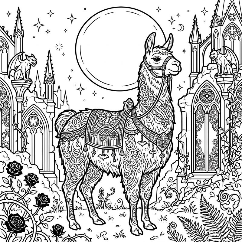 Step into a world of mystery with this captivating gothic llama coloring page. Adorned with intricate patterns, this majestic creature stands amidst ornate architecture under a serene night sky.