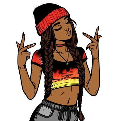 realistic teenage girl with braids and a beanie and crop top doing 🫶🏼