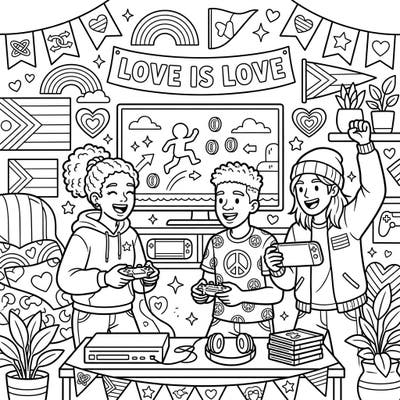 Immerse yourself in a joyful scene where diverse teenage gamers celebrate Pride Month with enthusiasm. This vibrant coloring page is packed with symbols of love, diversity, and community, perfect for expressing your creativity.