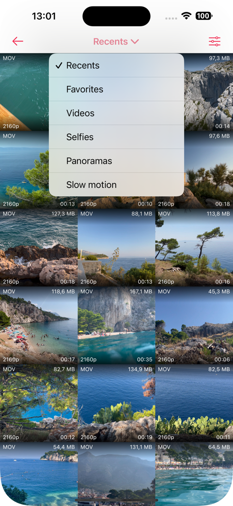 Video gallery view with a selection menu showing high resolution video files and their sizes.