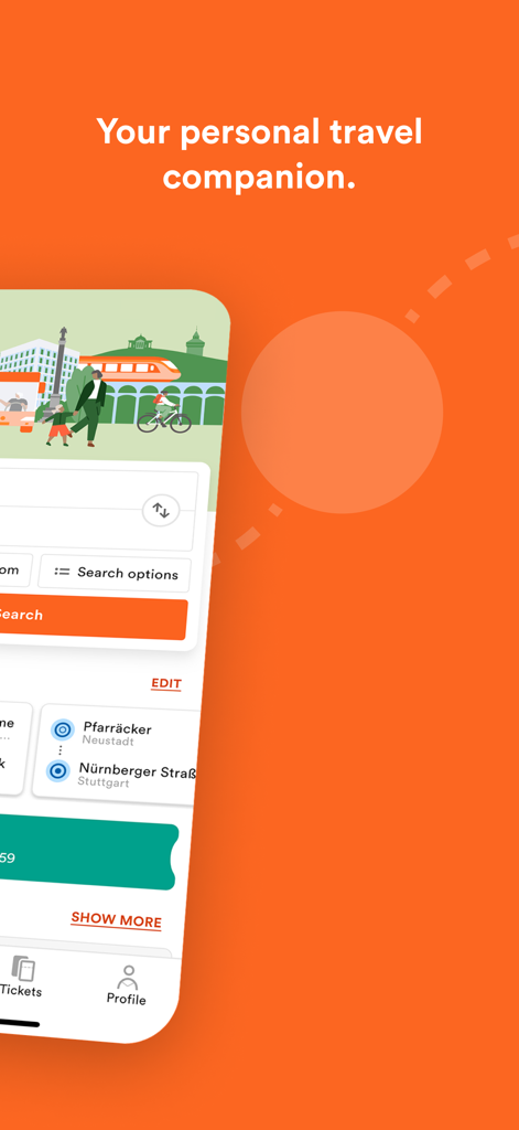 VVS Mobil Fahrplanauskunft App Benutzeroberfläche mit Suchoptionen und dem Text Ihr persönlicher Reisebegleiter.