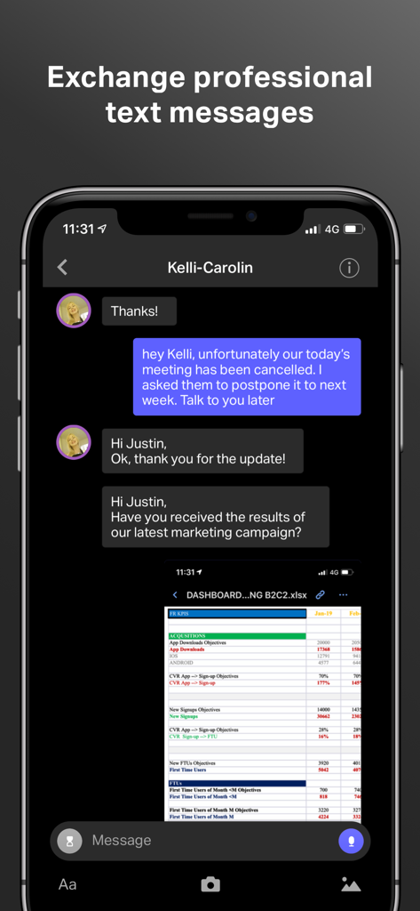 Onoff Business - Onoff Business app interface showing professional text message exchange and a shared spreadsheet