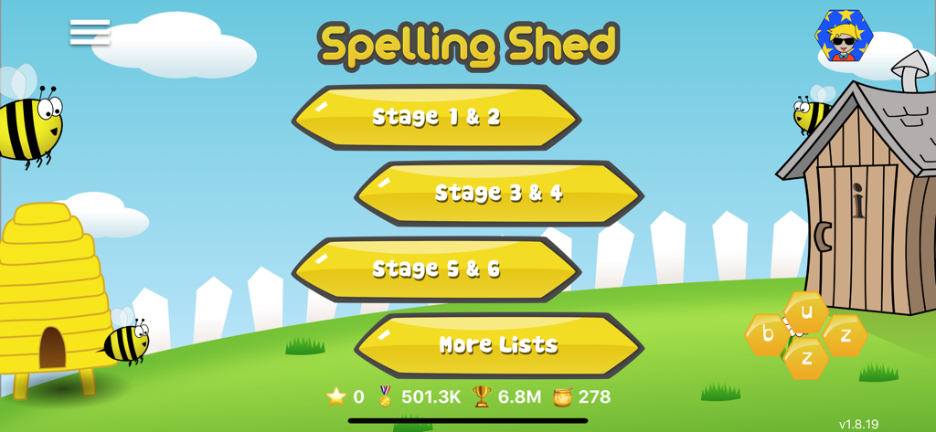 Spelling Shed - The main menu of Spelling Shed app showing different educational stages and a cartoon garden theme.