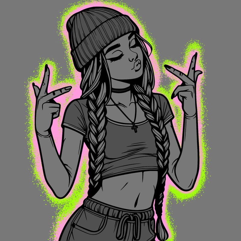realistic teenage girl with braids and a beanie and crop top doing 🫶🏼