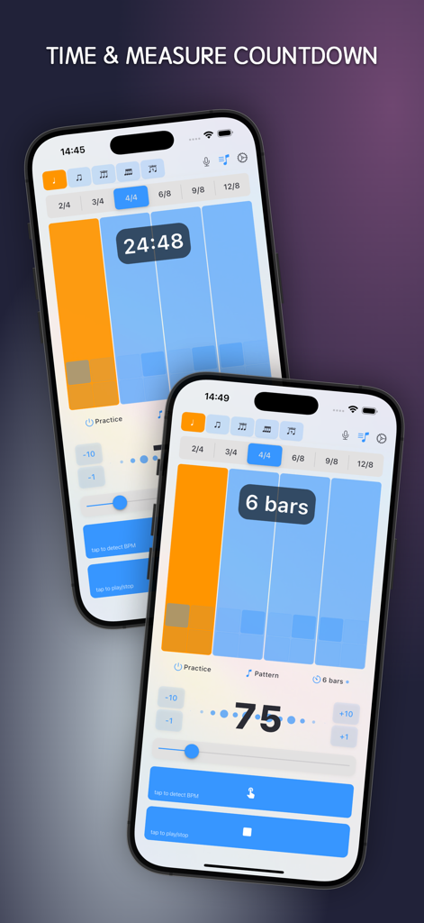 Deux écrans d'iPhone affichant les fonctionnalités de compte à rebours de temps et de mesure de l'application Metronom.