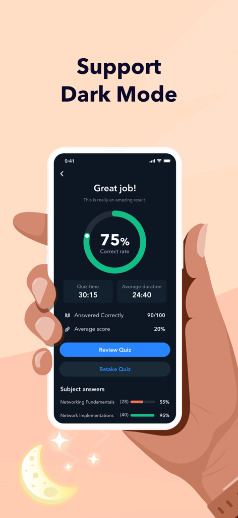 Schermata di uno smartphone che mostra l'app di preparazione all'esame APICS CPIM in modalità scura con un risultato del quiz del 75 percento corretto.