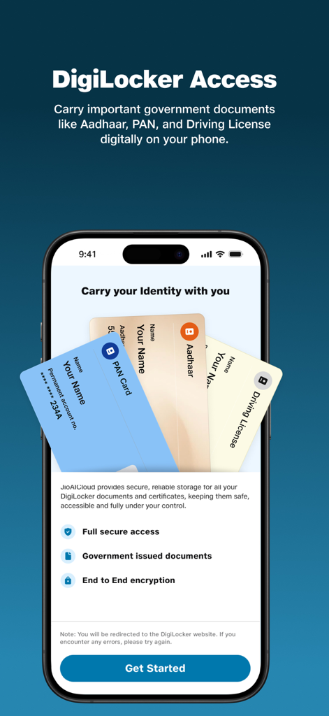 JioAICloud - Storage & Photos - JioAICloud app screen showing DigiLocker integration for storing digital government documents like PAN and Aadhaar cards