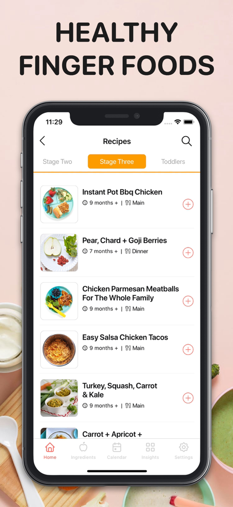 BLW Meals: Baby Led Weaning - A list of healthy finger food recipes for baby led weaning displayed on an iPhone